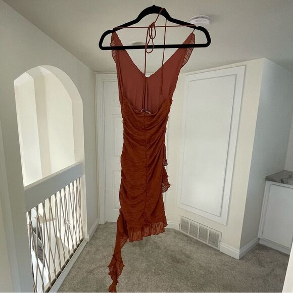 Zara chocolate ruched and Ruffled mini Dress, S - Picture 3 of 4